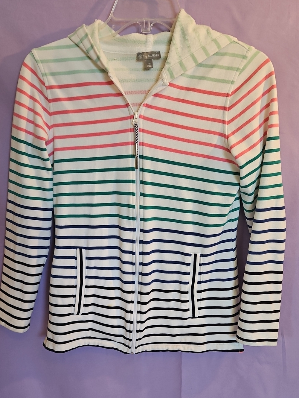 Talbots White Zip Hoodie with Multicolor Stripes